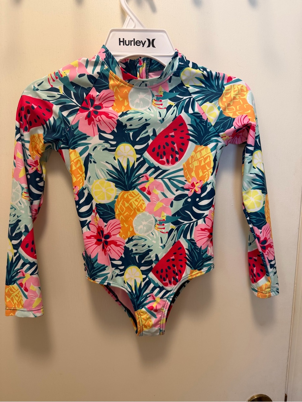 Hurley Girls' Long Sleeve Tropical Fruit Rash Guard Swimsuit - size 6
